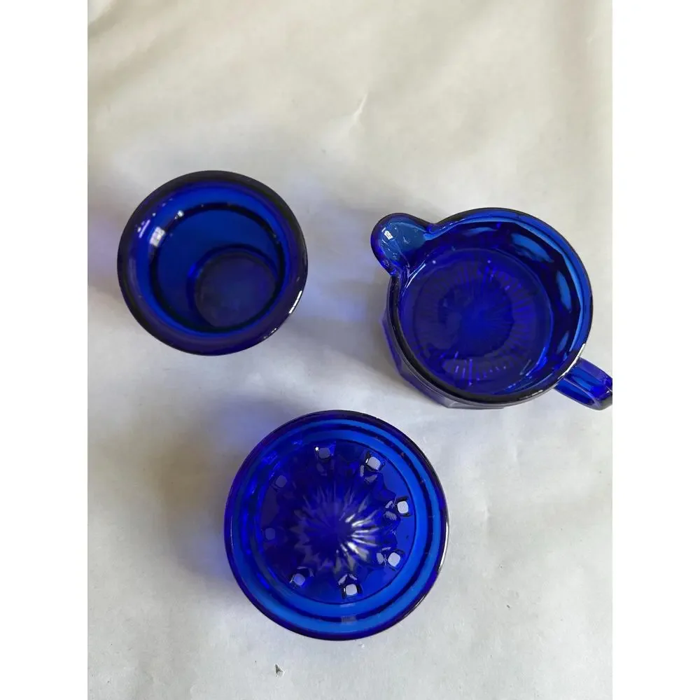 Vintage Cobalt Blue Glass Citrus Juicer, Reamer Set, Starburst Base, Kitchen